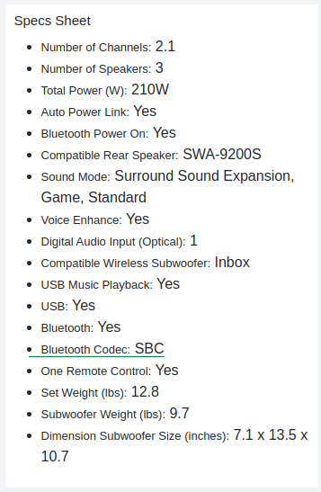 E.g: Samsung HW-C43M/ZA Specification.